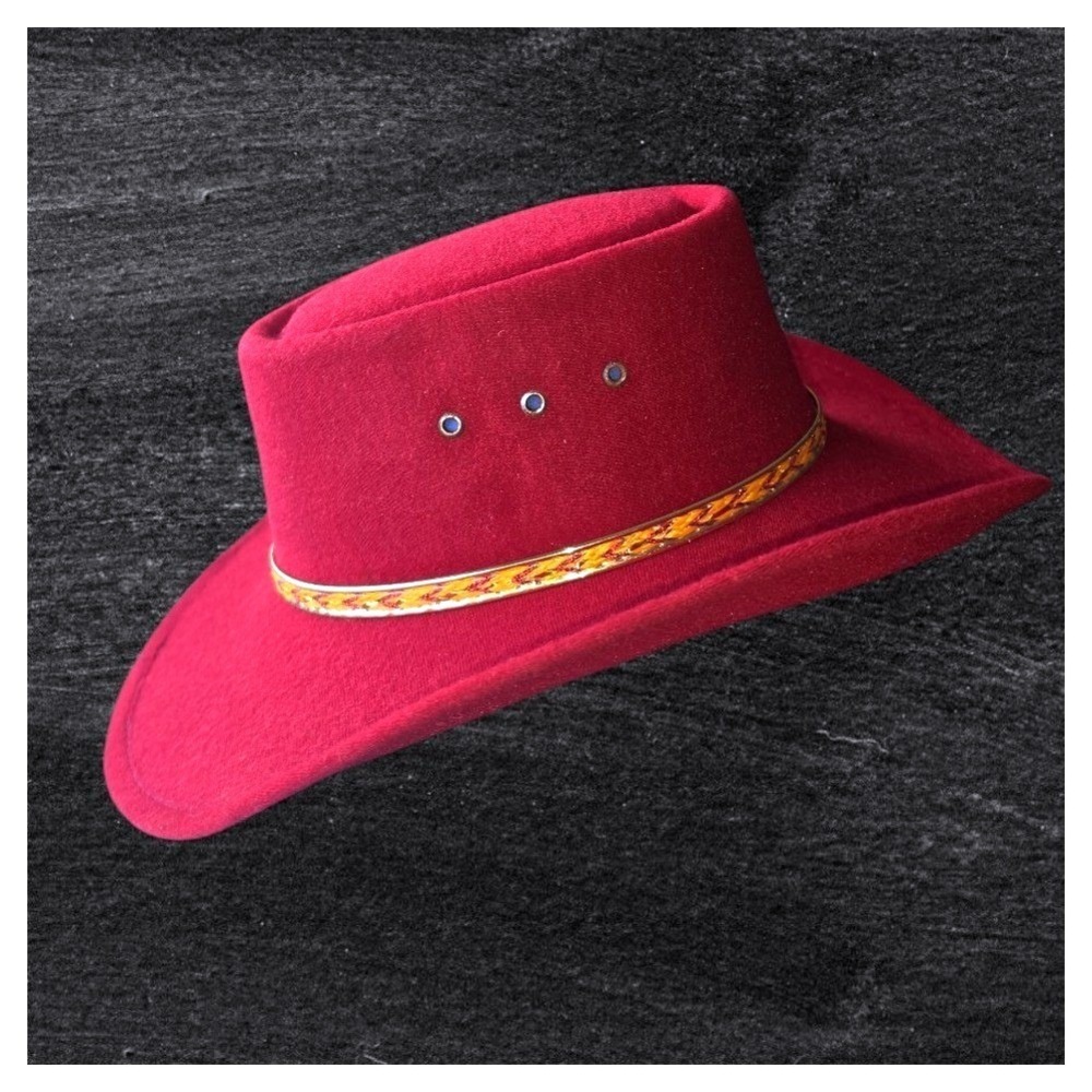Arlop Hats Red Felt Cowboy Hat Western Flat Top Gold Braided Band Size 6.5 52